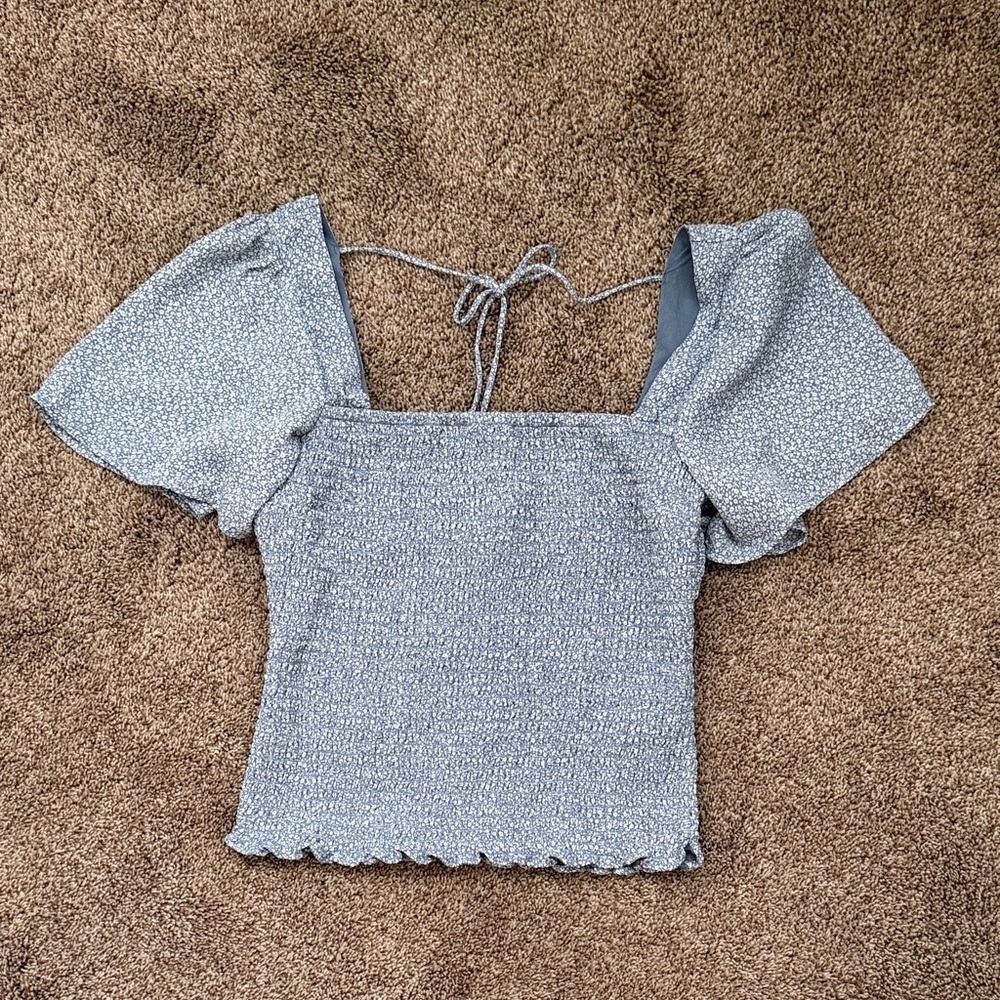 Abercrombie & Fitch Light Blue Smocked Puff Sleeve Top